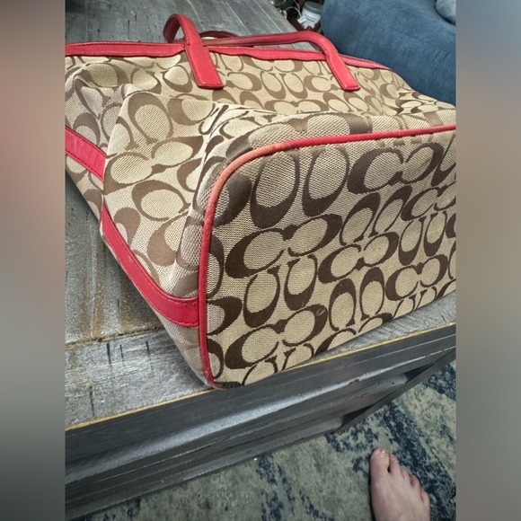 Coach 23465 Signature Canvas Weekend Zip Top Tote Bag Purse Handbag Red Khaki - Picture 7 of 16